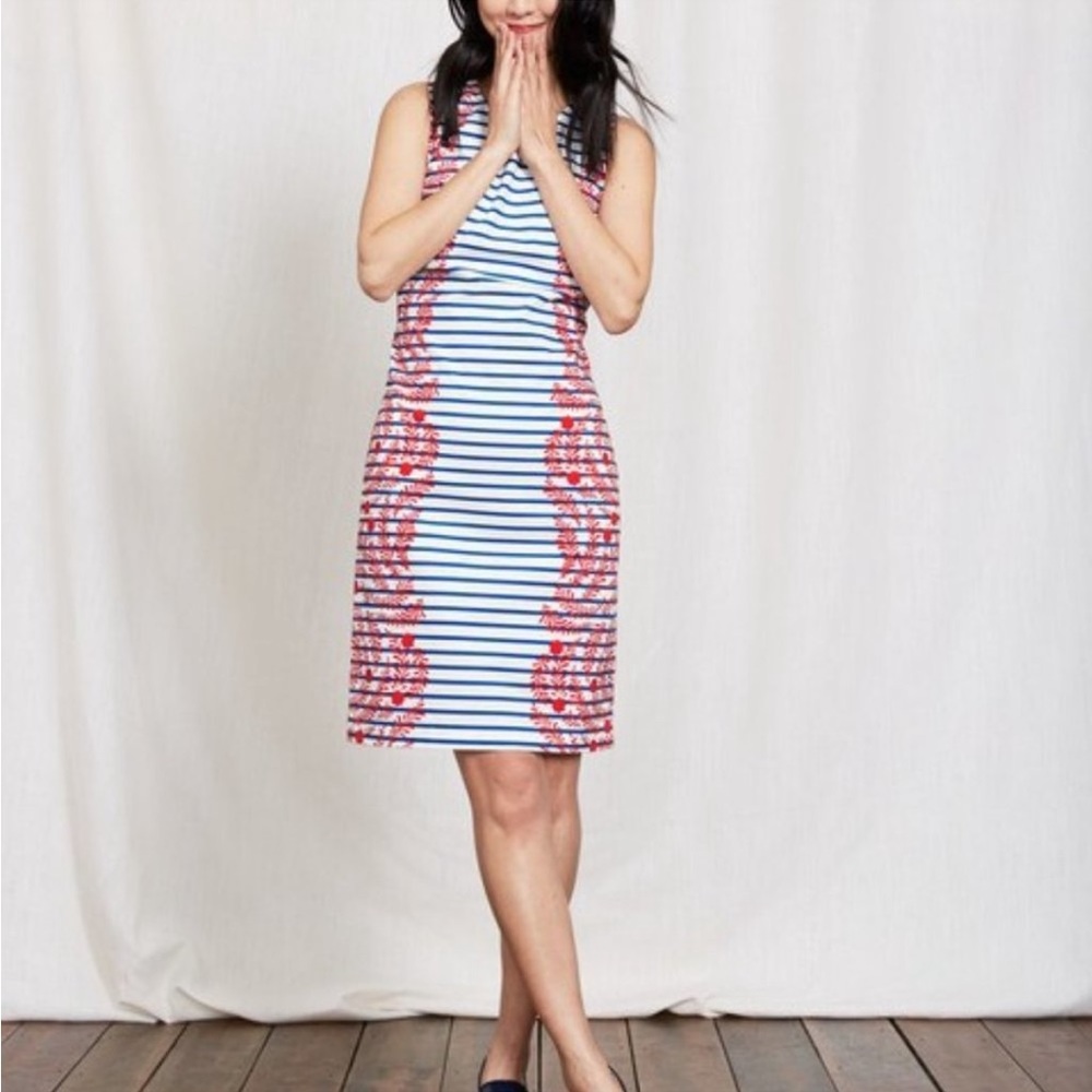 Boden Porto Blue Ivory Red Striped Sleeveless Dress Floral Size 14